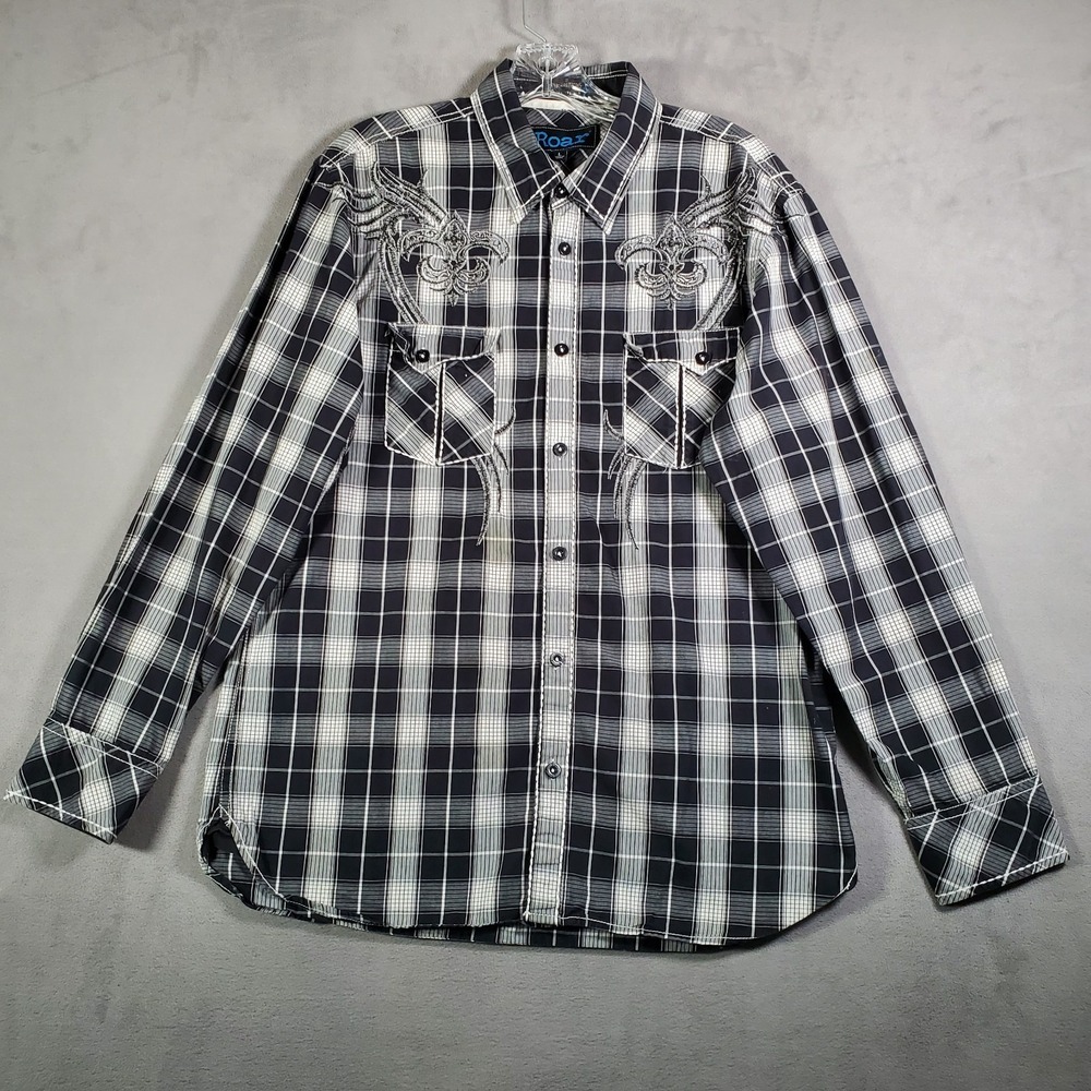 Roar Shirt Mens L Black White Plaid‎ Button Embroidered Western Grunge Y2K Rock